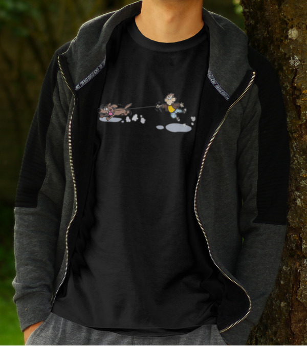 Dog Walks Human Cartoon Humor With Energetic Leash Tugging T-Shirt