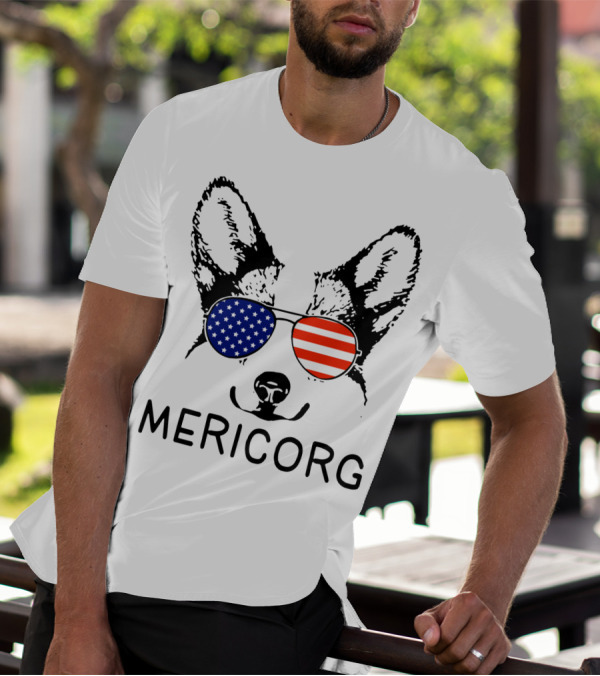 Corgi With American Flag Sunglasses Funny Mericorg Dog T-Shirt