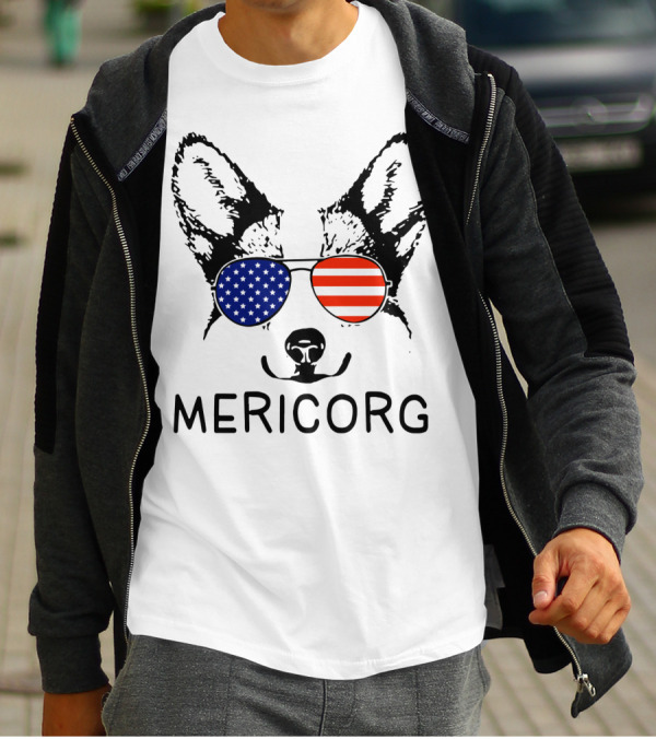 Corgi With American Flag Sunglasses Funny Mericorg Dog T-Shirt