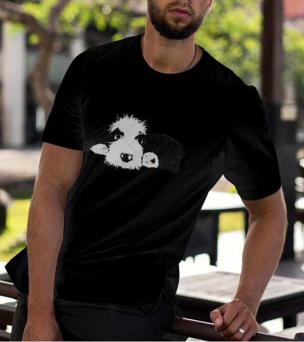 Sheep Dog Resting Illustration With Fluffy Black And White Fur T-Shirt
