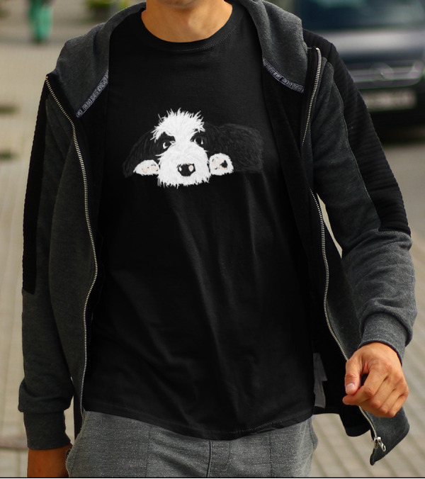 Sheep Dog Resting Illustration With Fluffy Black And White Fur T-Shirt