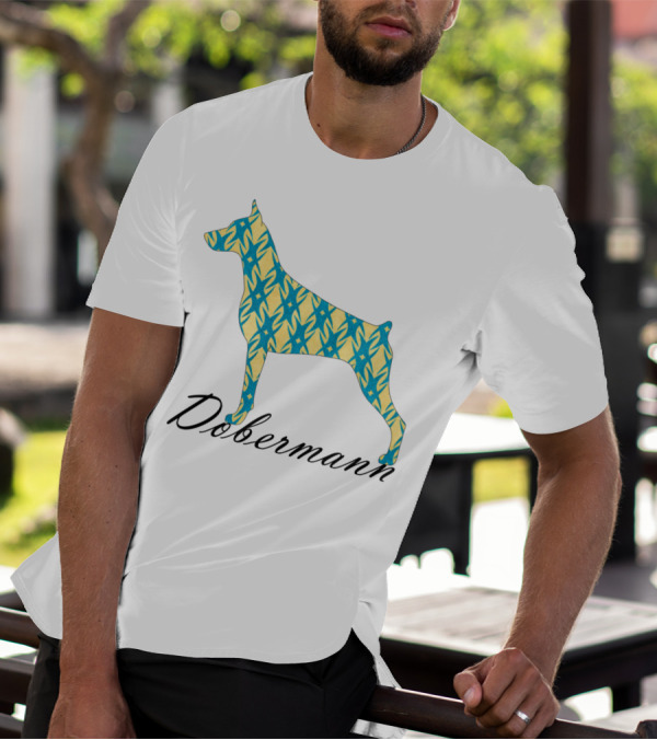 Dobermann Silhouette With Blue And Yellow T-Shirt