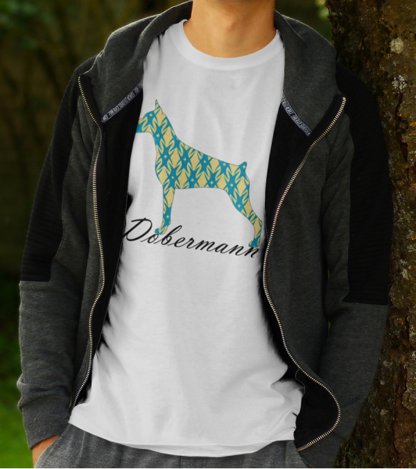 Dobermann Silhouette With Blue And Yellow T-Shirt