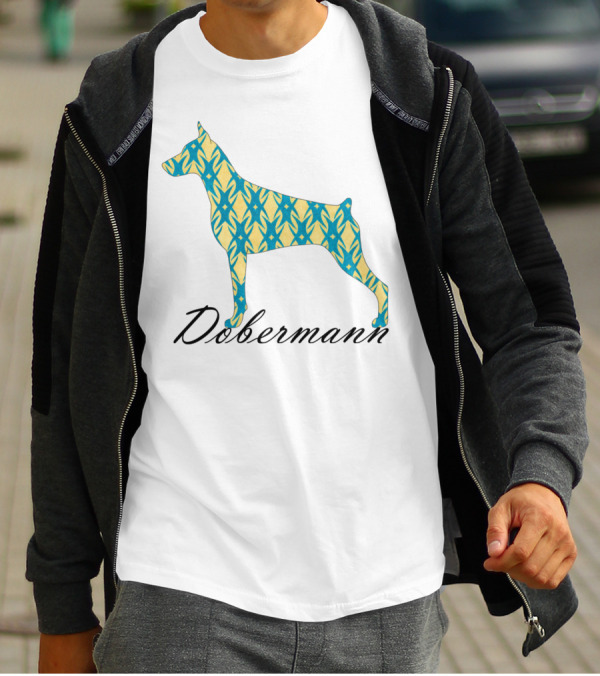 Dobermann Silhouette With Blue And Yellow T-Shirt