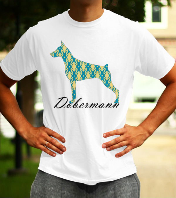 Dobermann Silhouette With Blue And Yellow T-Shirt