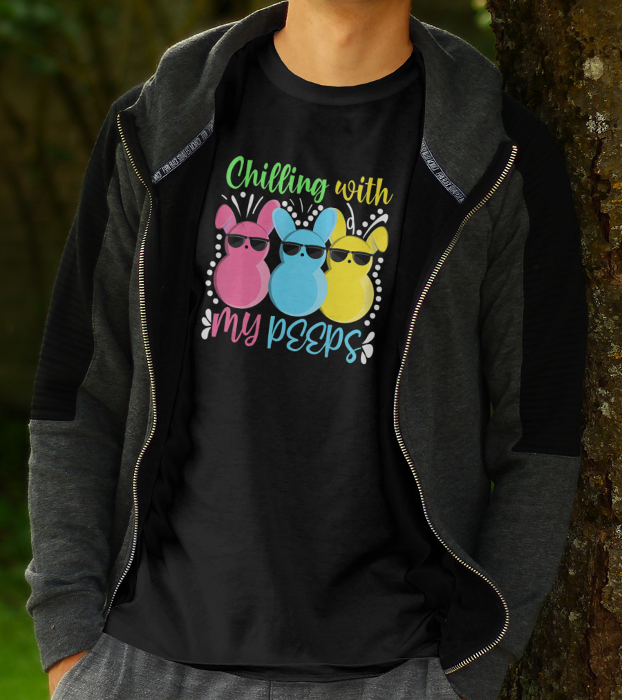 Chilling With My Peeps Easter Bunny Pink Blue Yellow Sunglasses T-Shirt