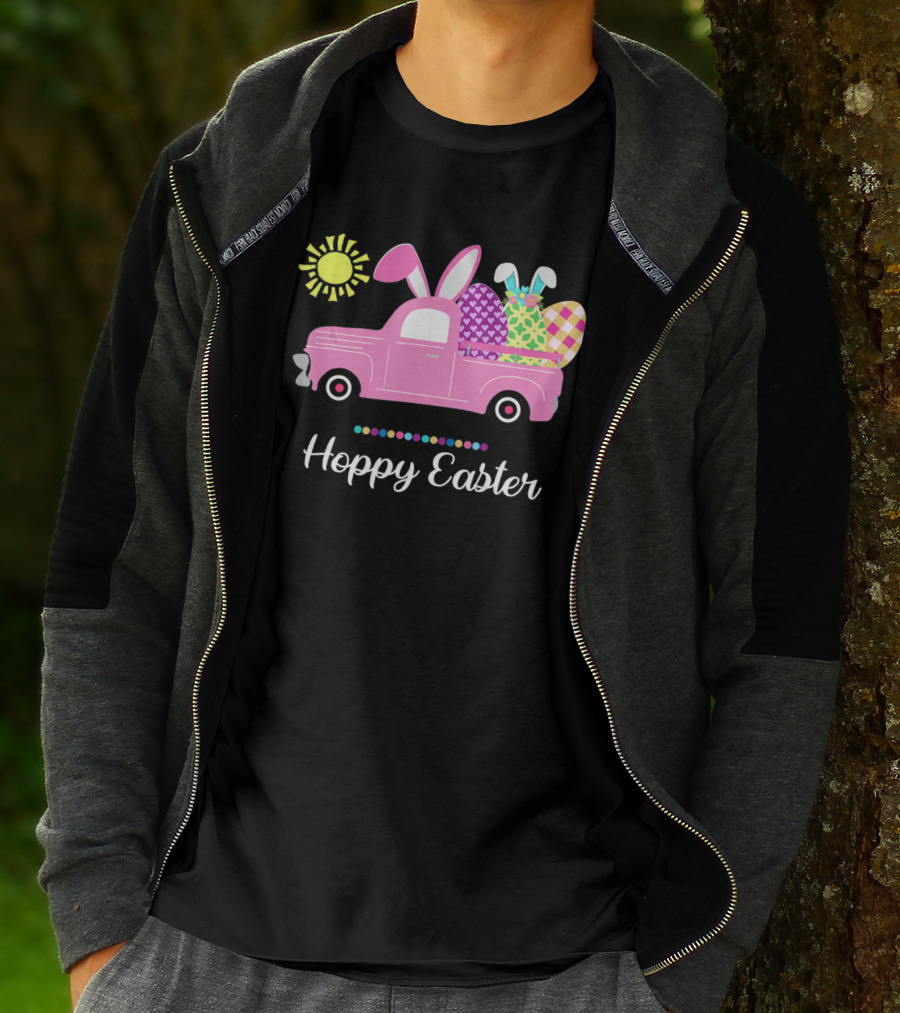 Hoppy Easter Bunny Truck With Eggs And Sun Spring Pun T-Shirt