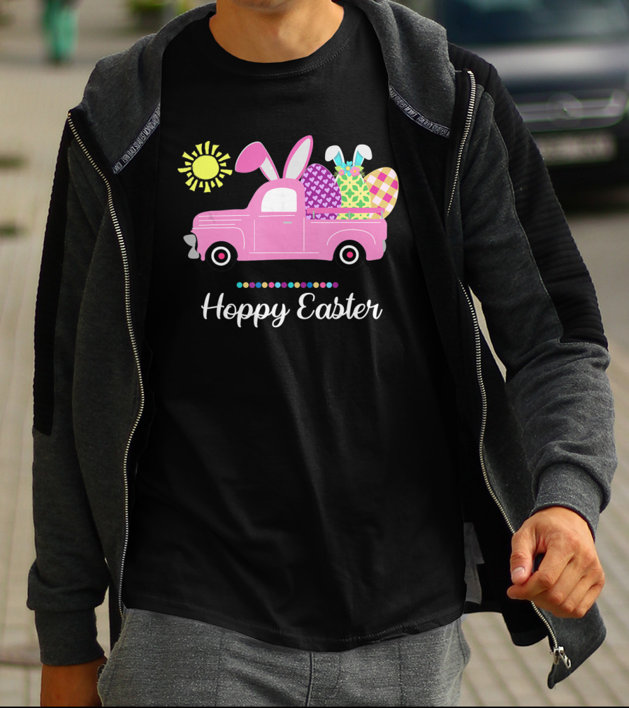 Hoppy Easter Bunny Truck With Eggs And Sun Spring Pun T-Shirt