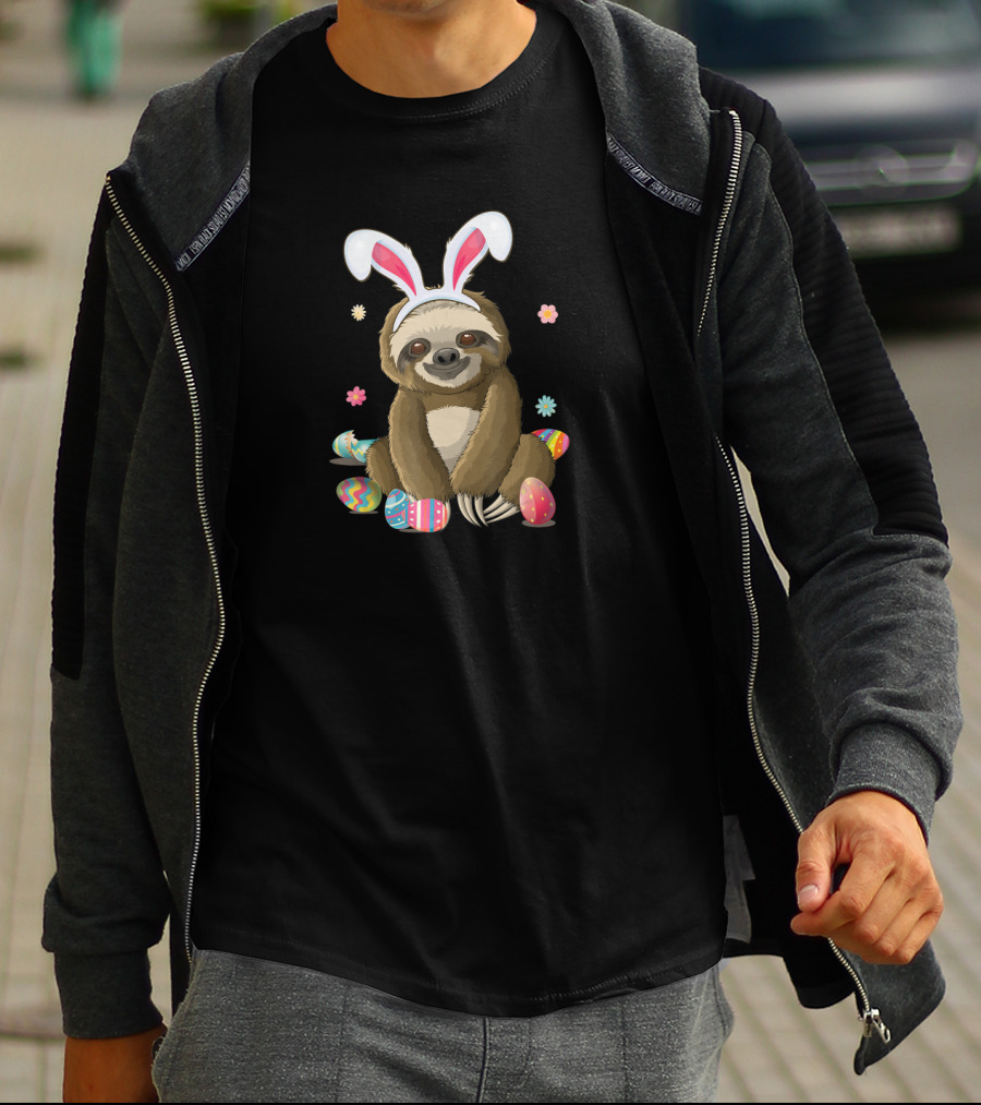 Sloth Bunny Easter Day Egg Hunt With Flowers T-Shirt