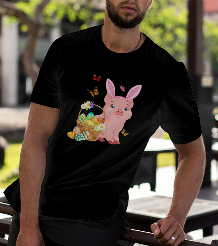 Pig Wearing Bunny Ears With Easter Egg Basket And Butterflies T-Shirt
