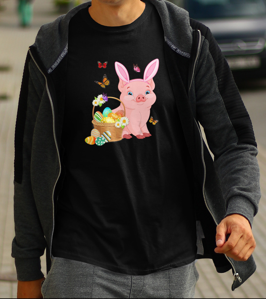 Pig Wearing Bunny Ears With Easter Egg Basket And Butterflies T-Shirt
