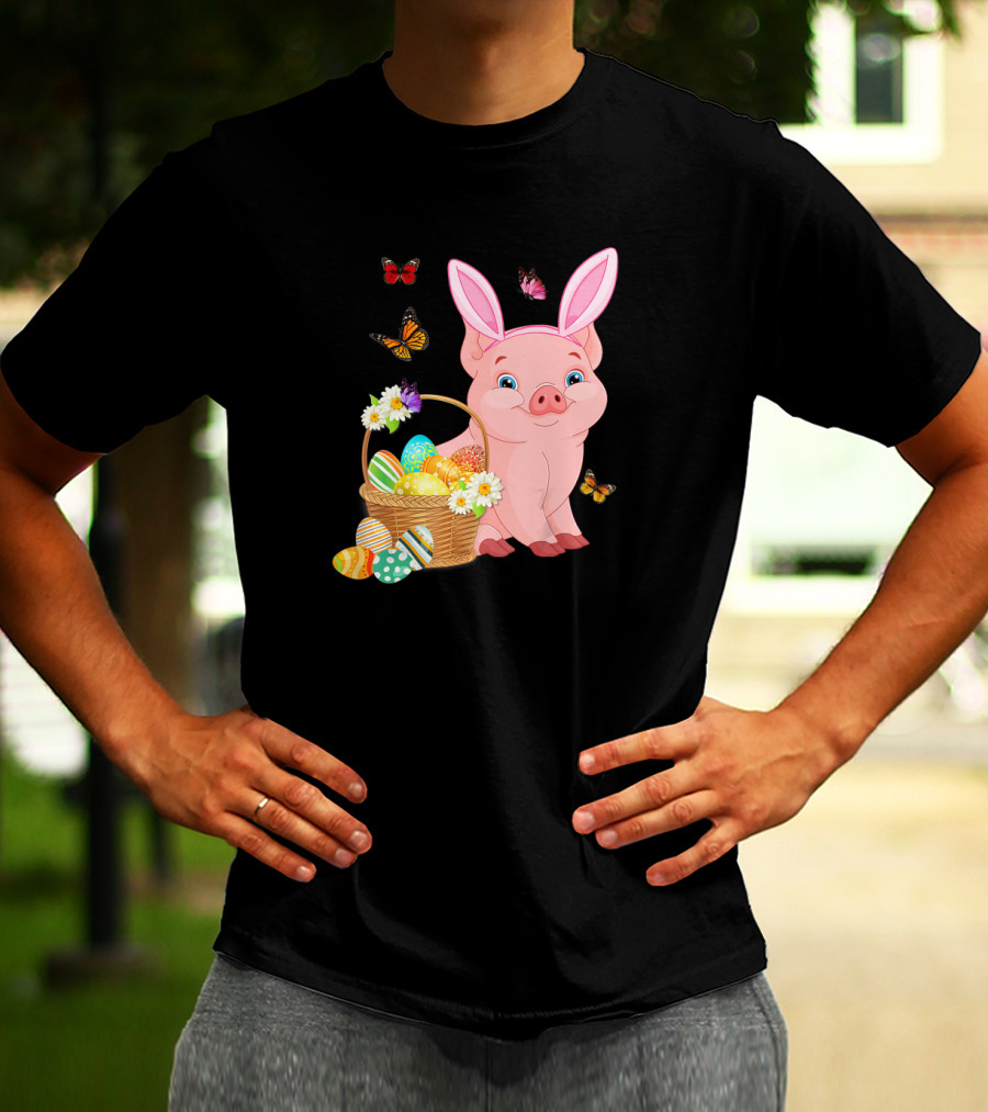 Pig Wearing Bunny Ears With Easter Egg Basket And Butterflies T-Shirt