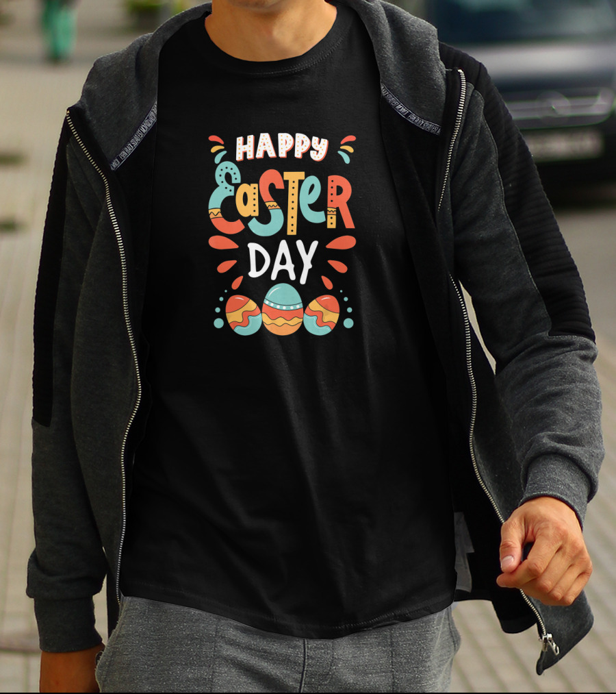 Happy Easter Day Colorful Eggs And Cute Bunny Details T-Shirt