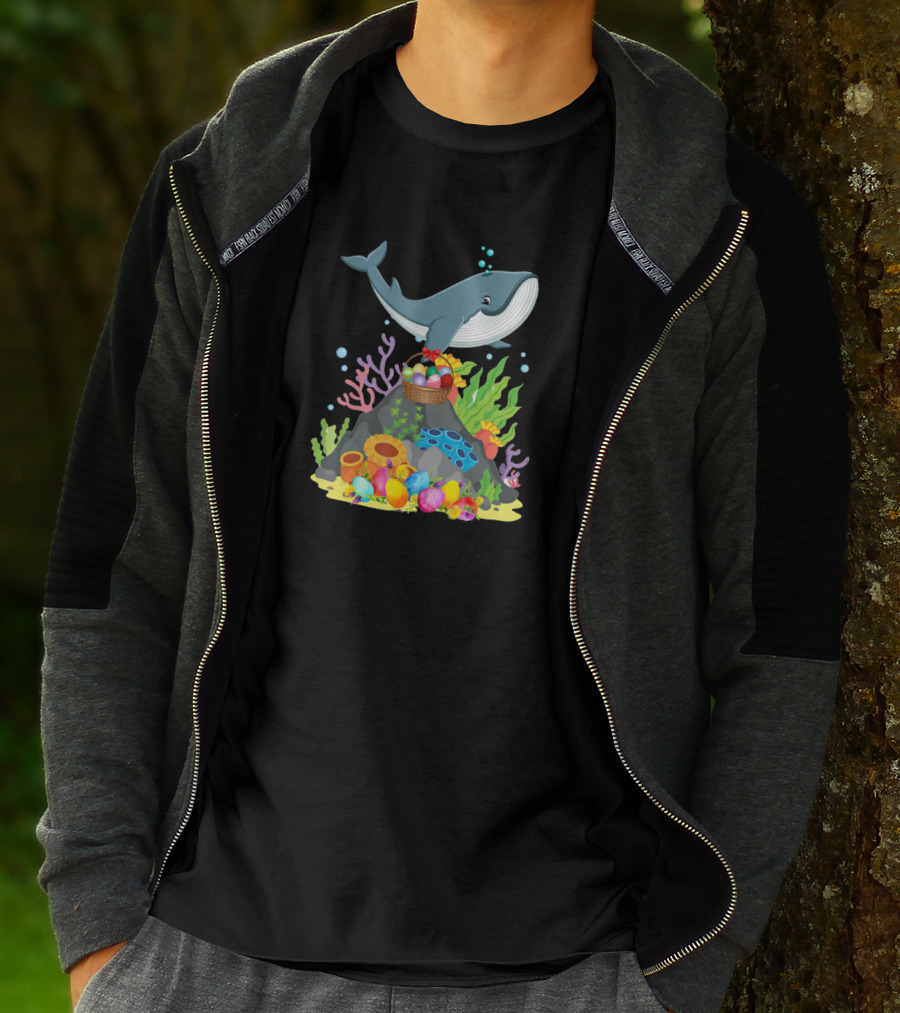 Whale Easter Day Funny Whale With Colorful Eggs And Coral Reef Scene T-Shirt