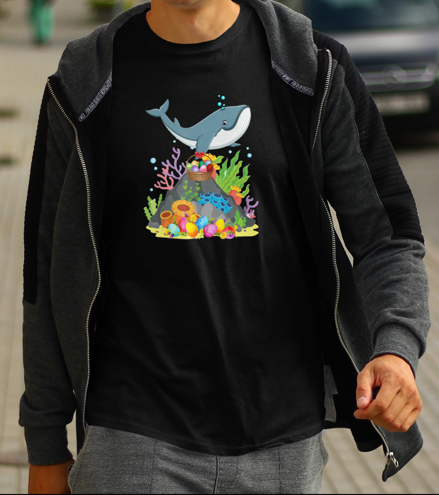Whale Easter Day Funny Whale With Colorful Eggs And Coral Reef Scene T-Shirt