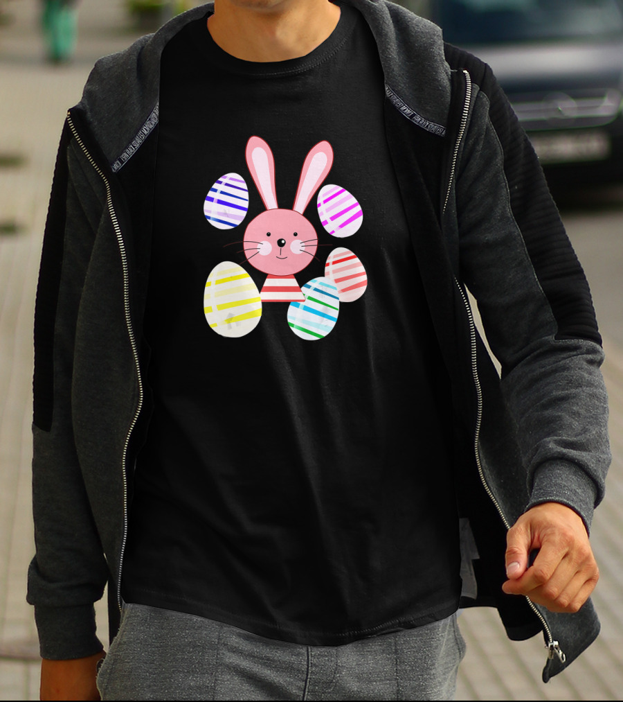 Happy Easter Bunny And Colorful Striped Easter Eggs T-Shirt