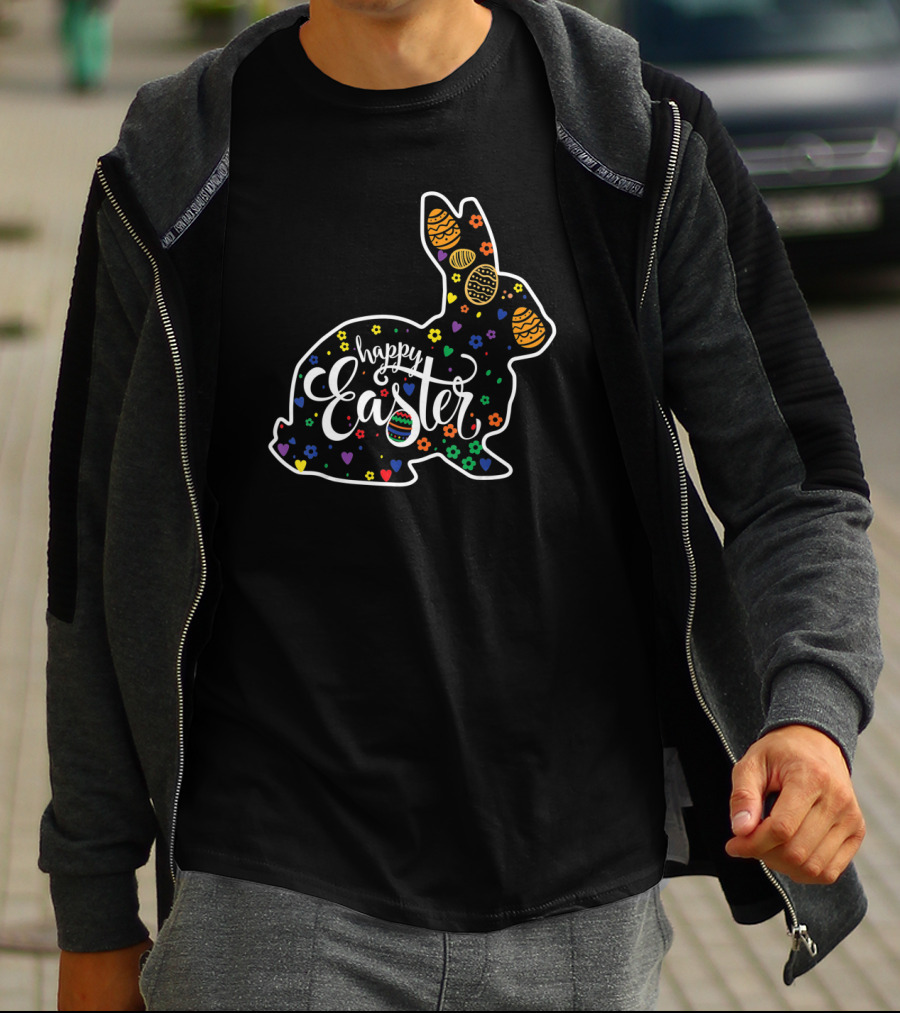 Bunny Happy Easter Rabbit With Colorful Eggs And Flowers T-Shirt