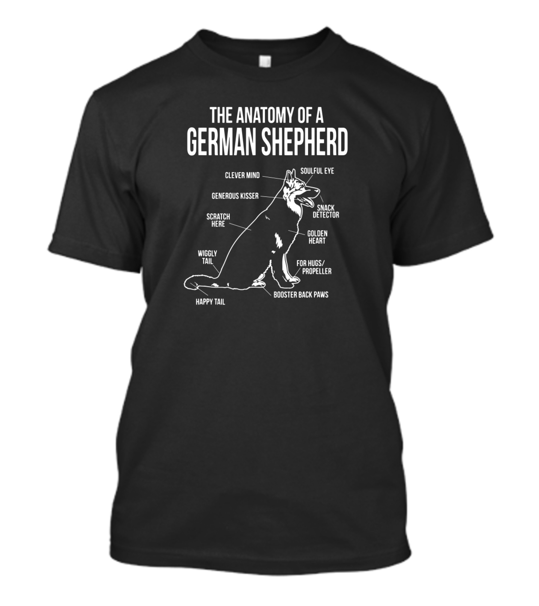 The Anatomy Of A German Shepherd Clever Mind Soulful Eye Generous Kisser Snack Detector Golden Heart Booster Back Paws T-Shirt