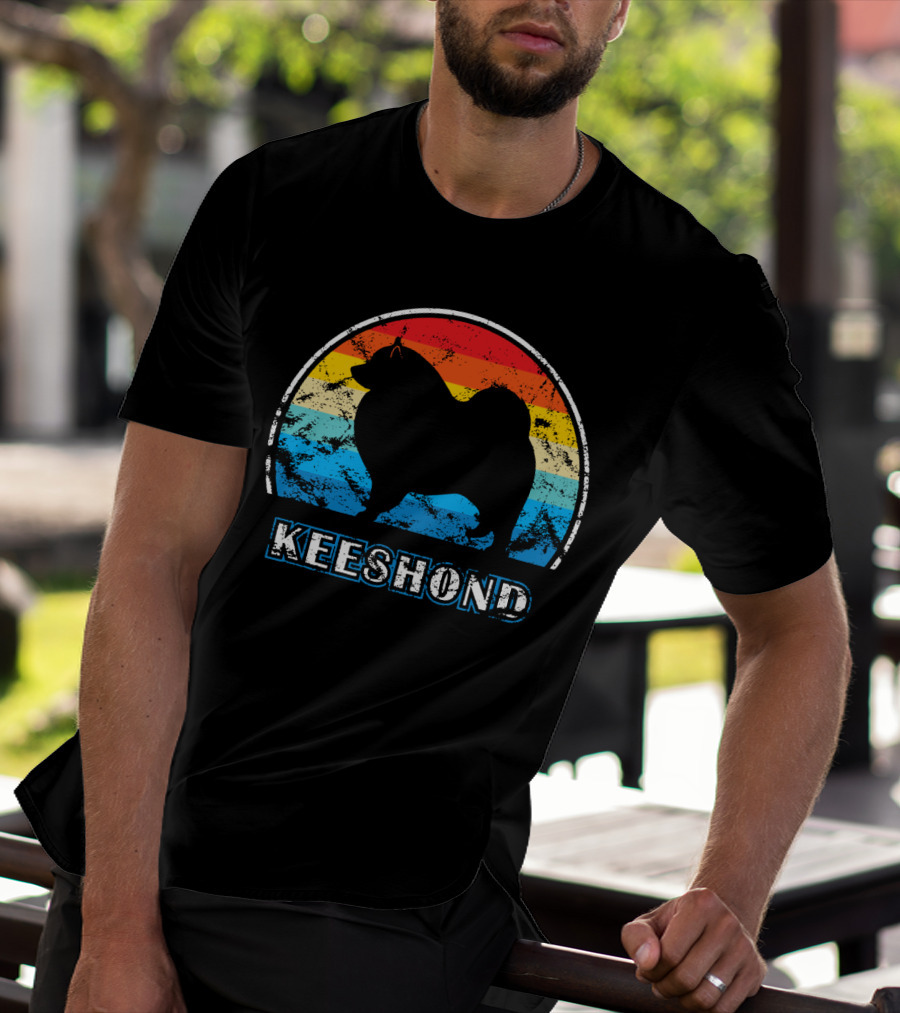 Keeshond Retro Silhouette Rainbow Stripes T-Shirt
