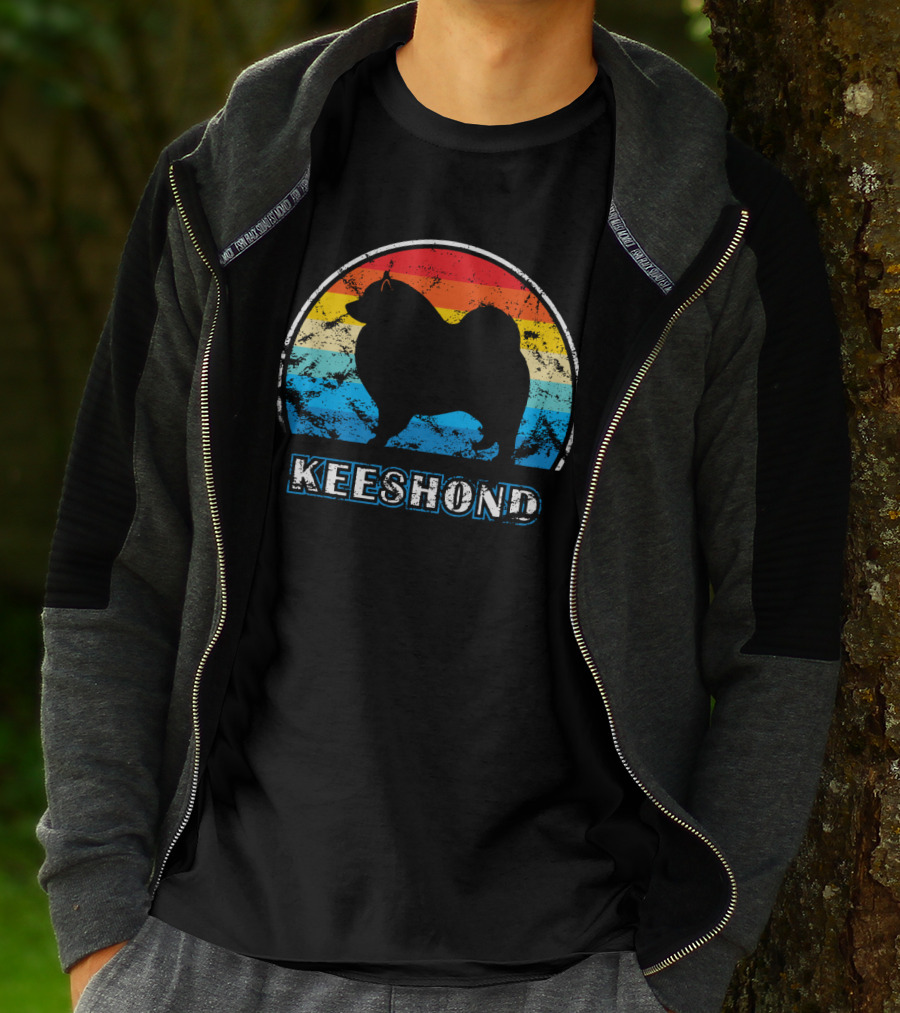 Keeshond Retro Silhouette Rainbow Stripes T-Shirt