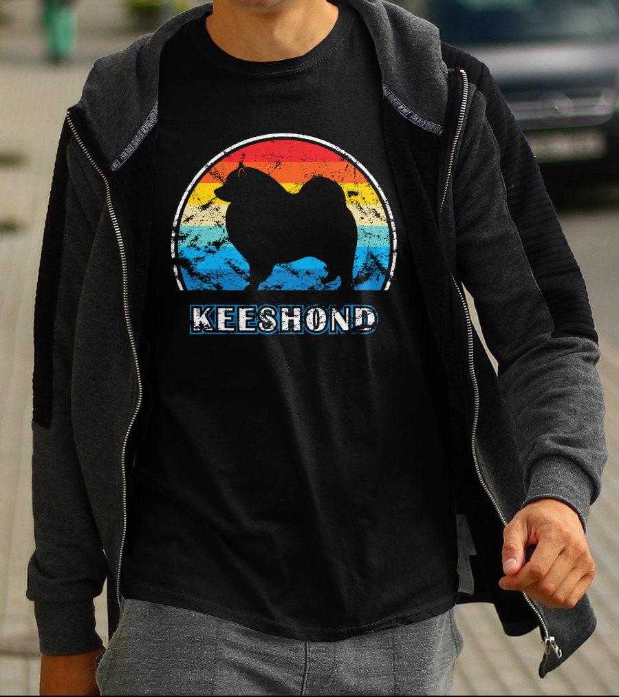 Keeshond Retro Silhouette Rainbow Stripes T-Shirt