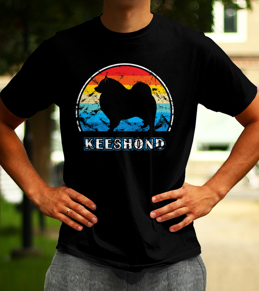 Keeshond Retro Silhouette Rainbow Stripes T-Shirt