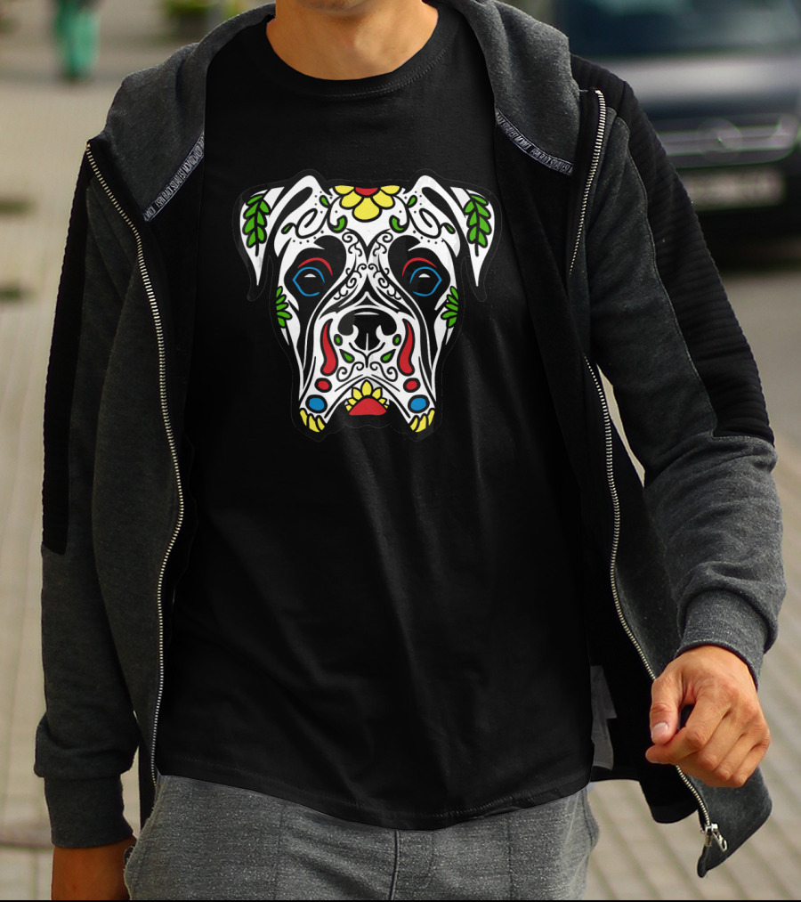 Boxer Sugar Skull Dog Design White Day Of The Dead T-Shirt