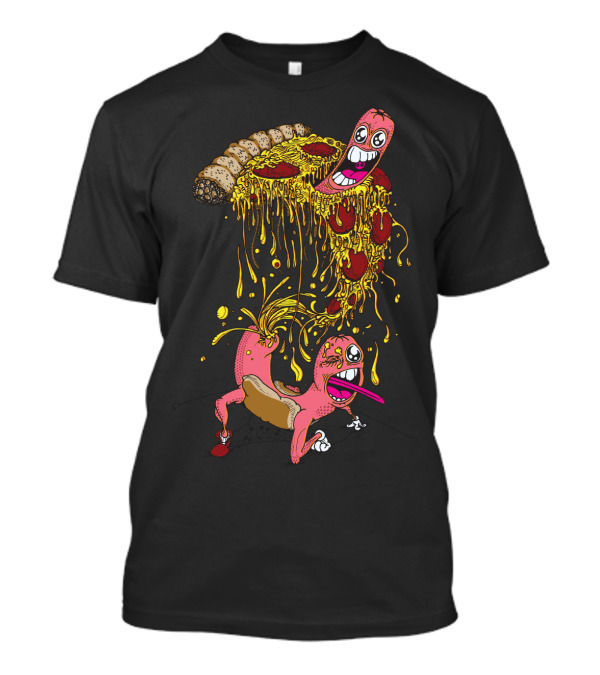 Melting Cheesy Slice And Animated Hot Dog Fun T-Shirt