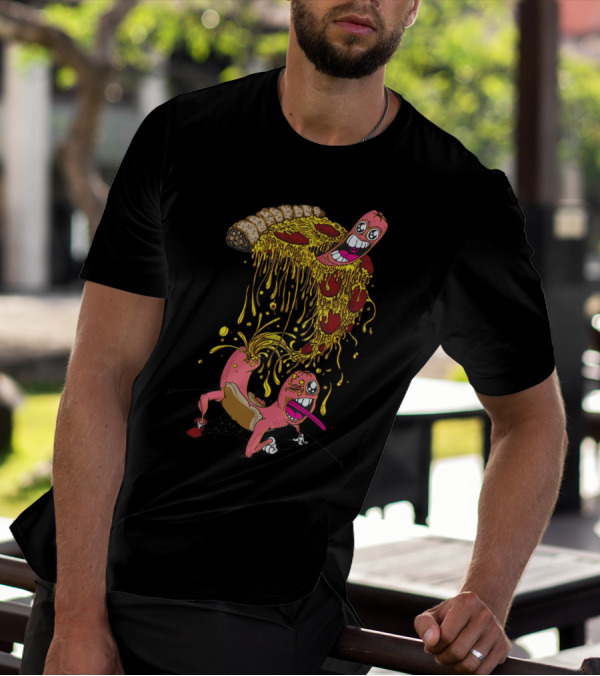 Melting Cheesy Slice And Animated Hot Dog Fun T-Shirt