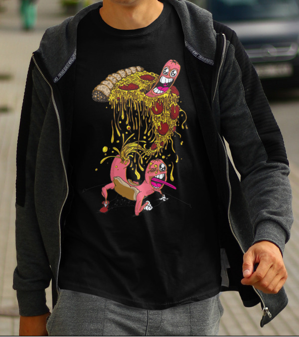 Melting Cheesy Slice And Animated Hot Dog Fun T-Shirt