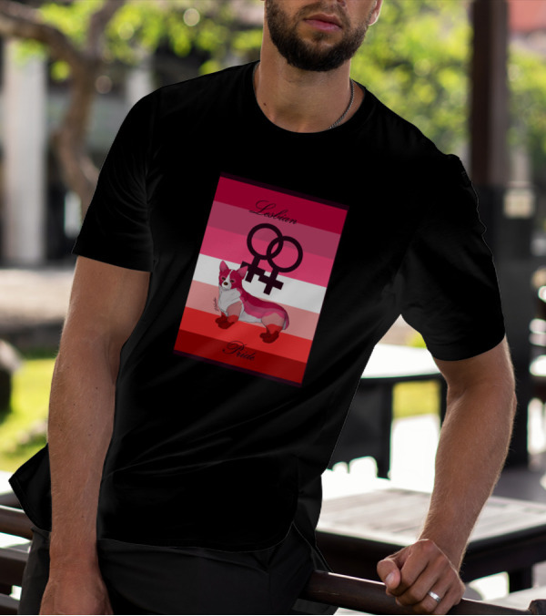 Lesbian Pride Dog With Interlinked Venus Symbols On Flag Background T-Shirt