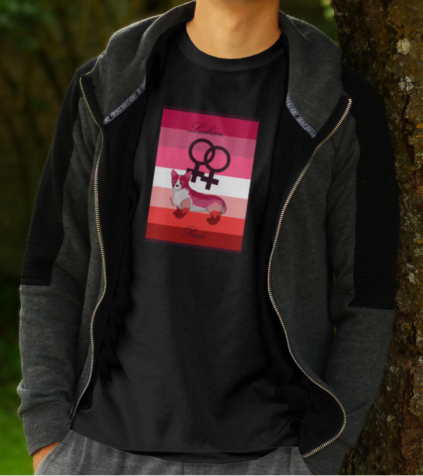 Lesbian Pride Dog With Interlinked Venus Symbols On Flag Background T-Shirt