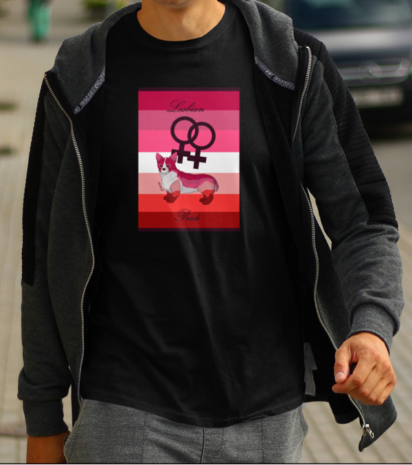 Lesbian Pride Dog With Interlinked Venus Symbols On Flag Background T-Shirt