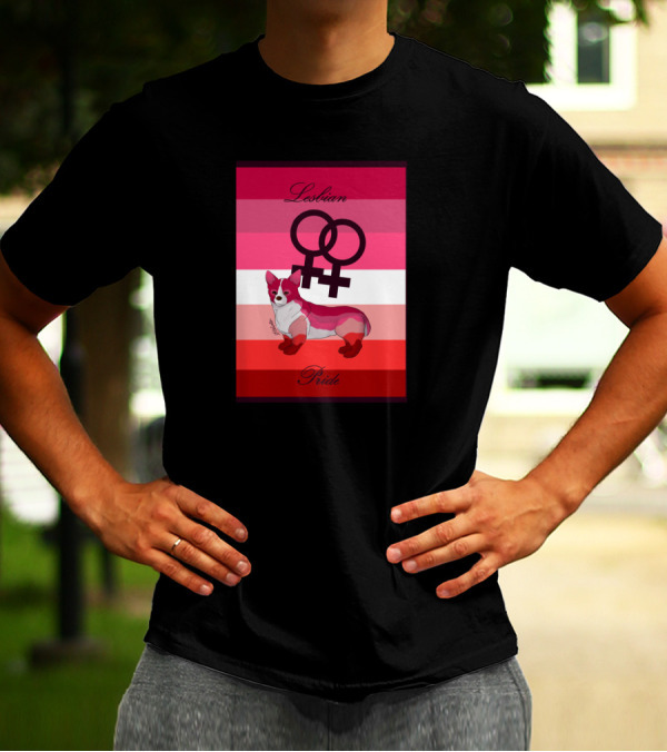 Lesbian Pride Dog With Interlinked Venus Symbols On Flag Background T-Shirt