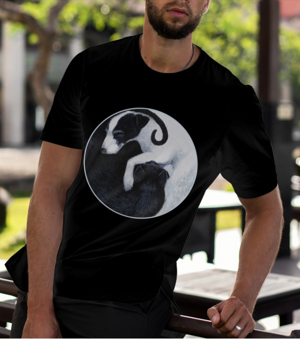 Yin Yang Cat Dog Harmony Embracing Balance In Black And White Circle T-Shirt