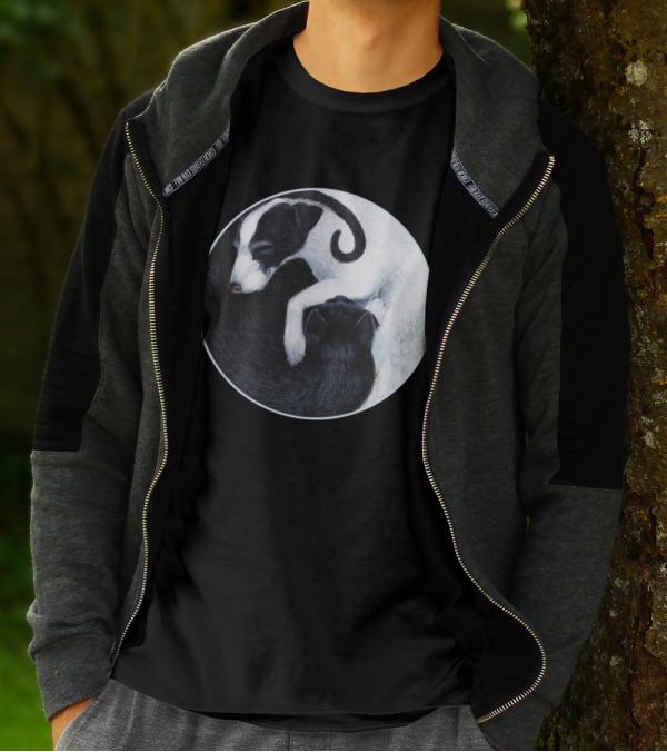Yin Yang Cat Dog Harmony Embracing Balance In Black And White Circle T-Shirt