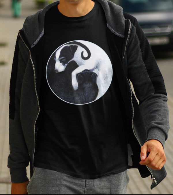 Yin Yang Cat Dog Harmony Embracing Balance In Black And White Circle T-Shirt