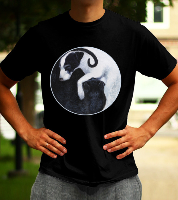 Yin Yang Cat Dog Harmony Embracing Balance In Black And White Circle T-Shirt