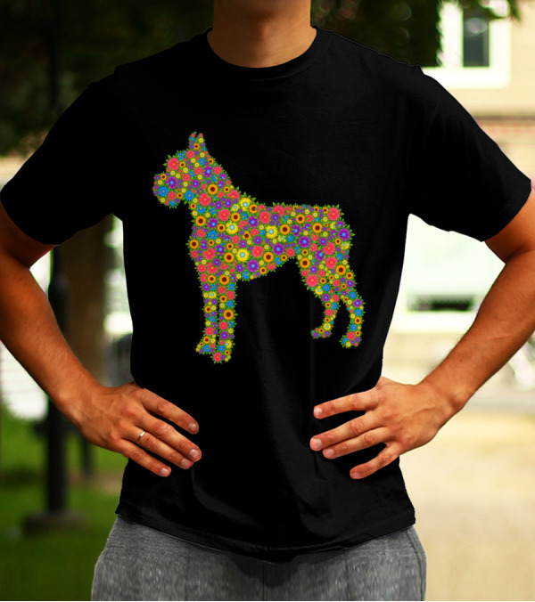 Boxer Dog Silhouette Filled With Vibrant Floral T-Shirt