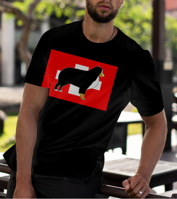 Bernese Mountain Dog Silhouette Against Swiss Flag Background T-Shirt