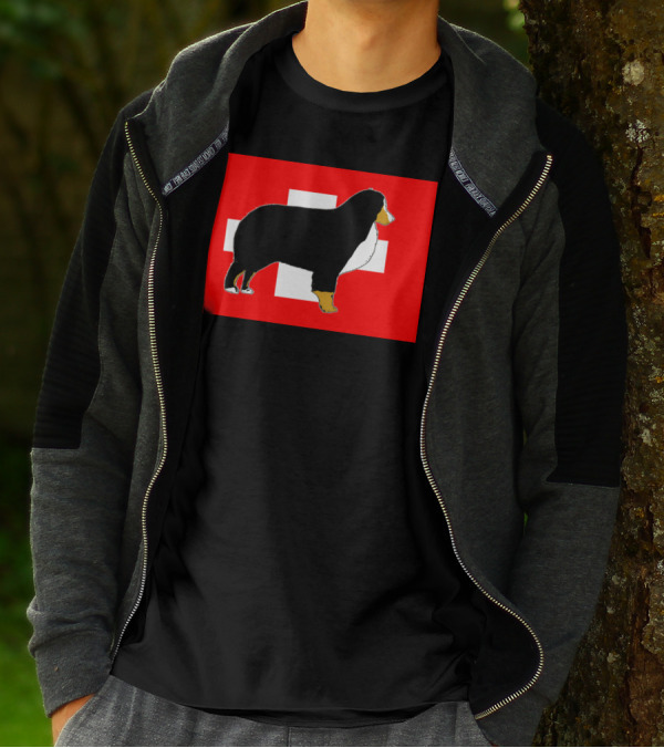 Bernese Mountain Dog Silhouette Against Swiss Flag Background T-Shirt