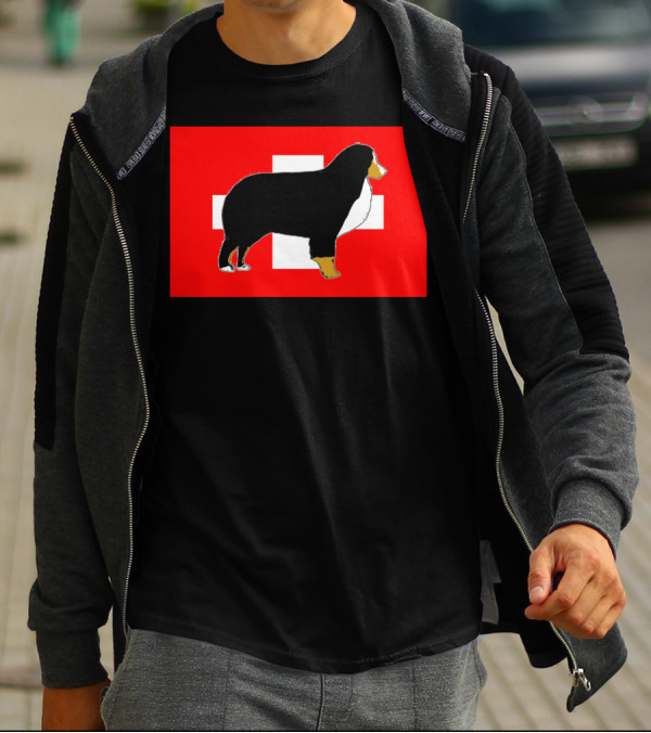 Bernese Mountain Dog Silhouette Against Swiss Flag Background T-Shirt