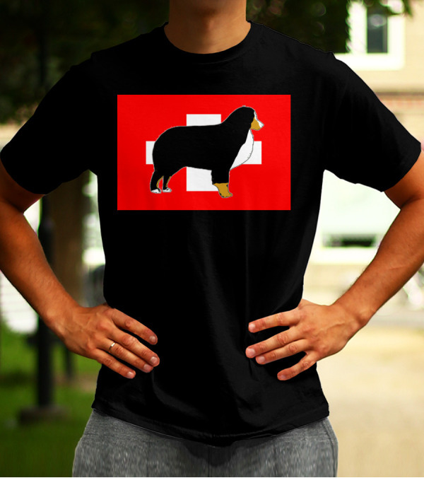 Bernese Mountain Dog Silhouette Against Swiss Flag Background T-Shirt