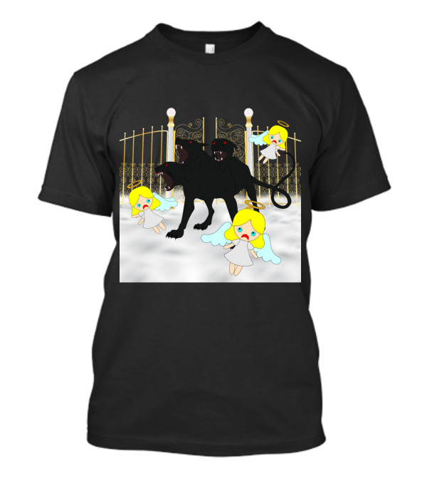 Dog Bites God Cerberus Attacks Angels At Golden Gates T-Shirt
