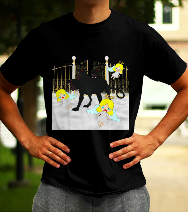 Dog Bites God Cerberus Attacks Angels At Golden Gates T-Shirt