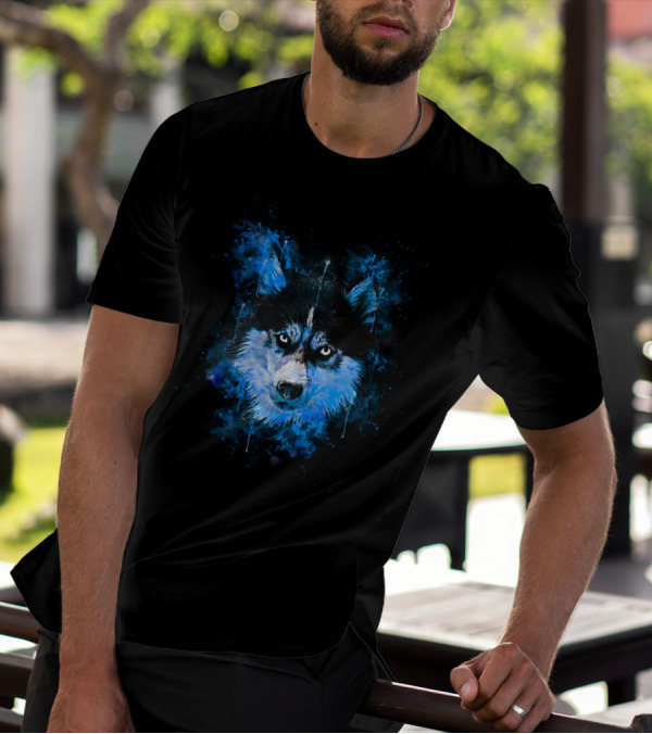 Husky Dog Face Splatter Watercolor Blue T-Shirt