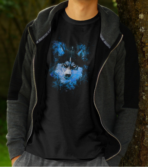Husky Dog Face Splatter Watercolor Blue T-Shirt