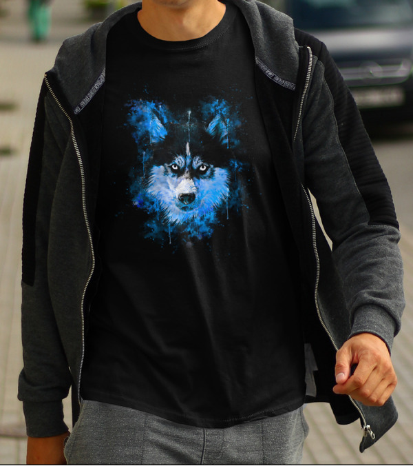 Husky Dog Face Splatter Watercolor Blue T-Shirt