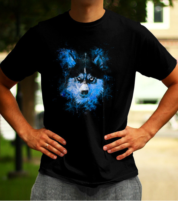 Husky Dog Face Splatter Watercolor Blue T-Shirt