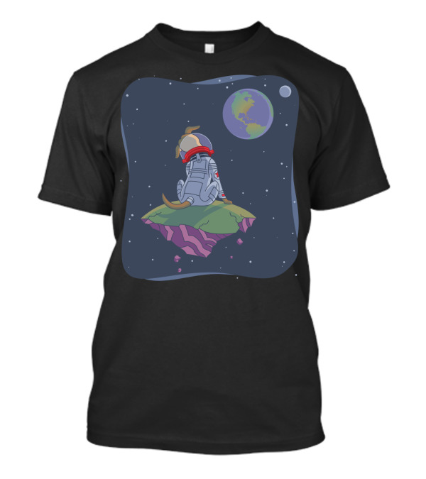 Lonely Cosmic Dog Guarding The Galaxy On Floating Asteroid With Earth View T-Shirt
